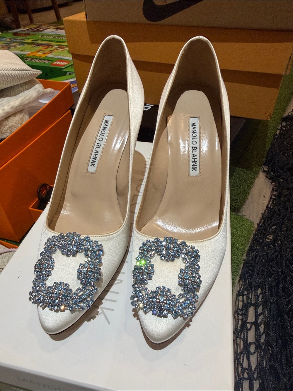 Manolo Blahnik White Satin Pumps with Crystal Buckle